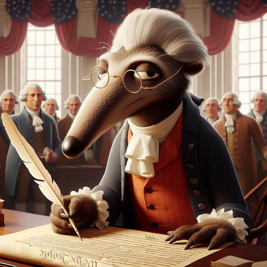 colonial anteater with quill drafting the U.S. constitution among delegates